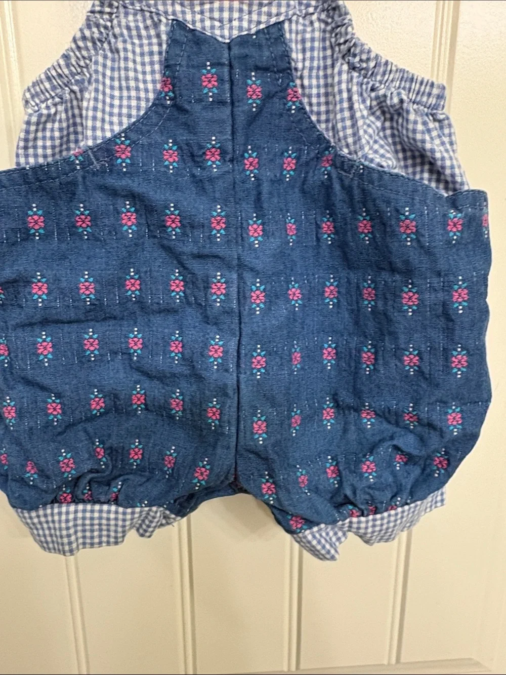 Vintage OshKosh B'gosh‎ Denim-Style Blue Floral Gingham Bubble Romper